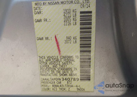 2015 Nissan Altima 2.5 Sl from USA, damaged, VIN 1N4AL3AP0FN340789